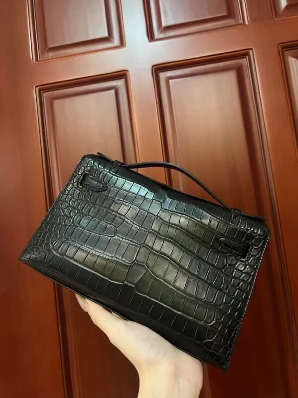 NoNo Xiatian Hermes Kelly Pochette Porosus Matte Crocodile Black Silver Hardware