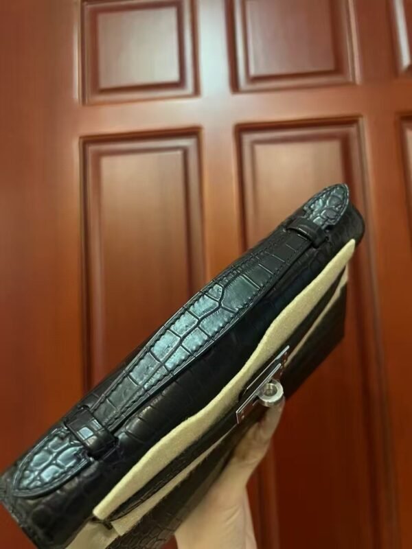 NoNo Xiatian Hermes Kelly Pochette Porosus Matte Crocodile Black Silver Hardware