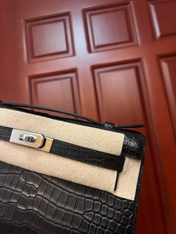 NoNo Xiatian Hermes Kelly Pochette Porosus Matte Crocodile Black Silver Hardware
