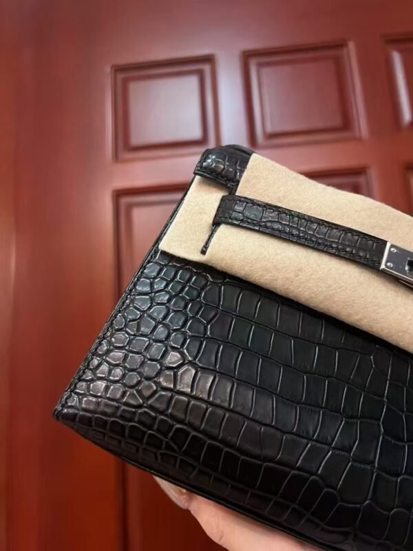 NoNo Xiatian Hermes Kelly Pochette Porosus Matte Crocodile Black Silver Hardware