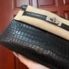 NoNo Xiatian Hermes Kelly Pochette Porosus Matte Crocodile Black Silver Hardware