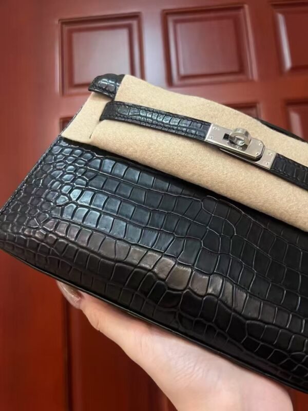 NoNo Xiatian Hermes Kelly Pochette Porosus Matte Crocodile Black Silver Hardware