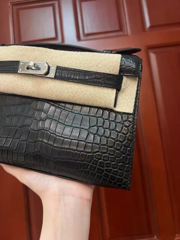 NoNo Xiatian Hermes Kelly Pochette Porosus Matte Crocodile Black Silver Hardware