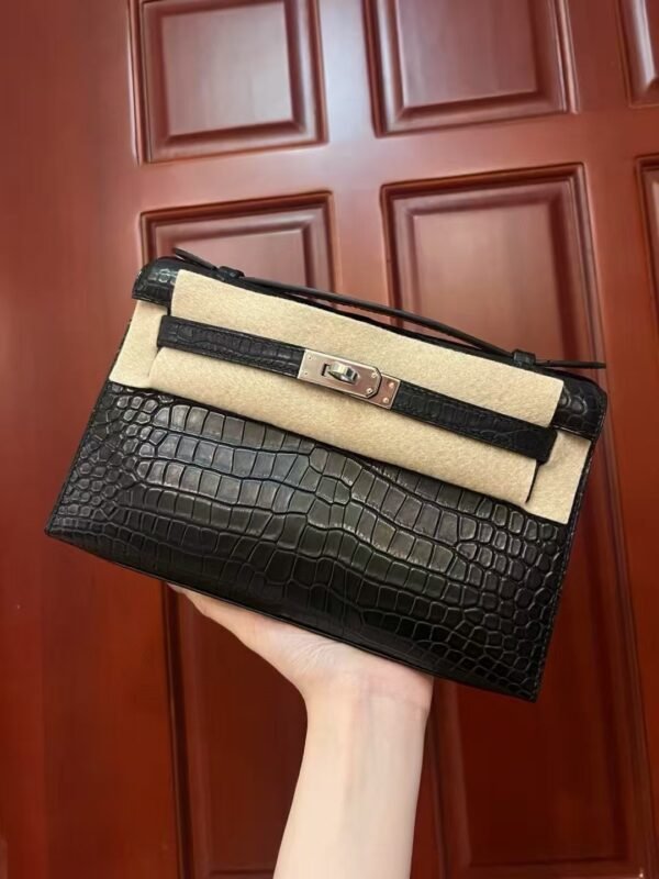 NoNo Xiatian Hermes Kelly Pochette Porosus Matte Crocodile Black Silver Hardware