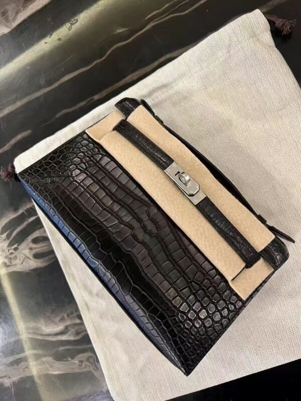 NoNo Xiatian Hermes Kelly Pochette Porosus Matte Crocodile Black Silver Hardware